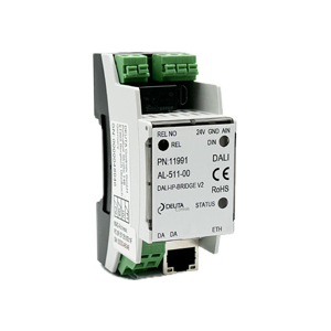 IP-DALI-BRIDGE AL-511-00, stehend mit der Fronstseite, Anschlüsse für 230 V AC, DALI und Relaisausgang