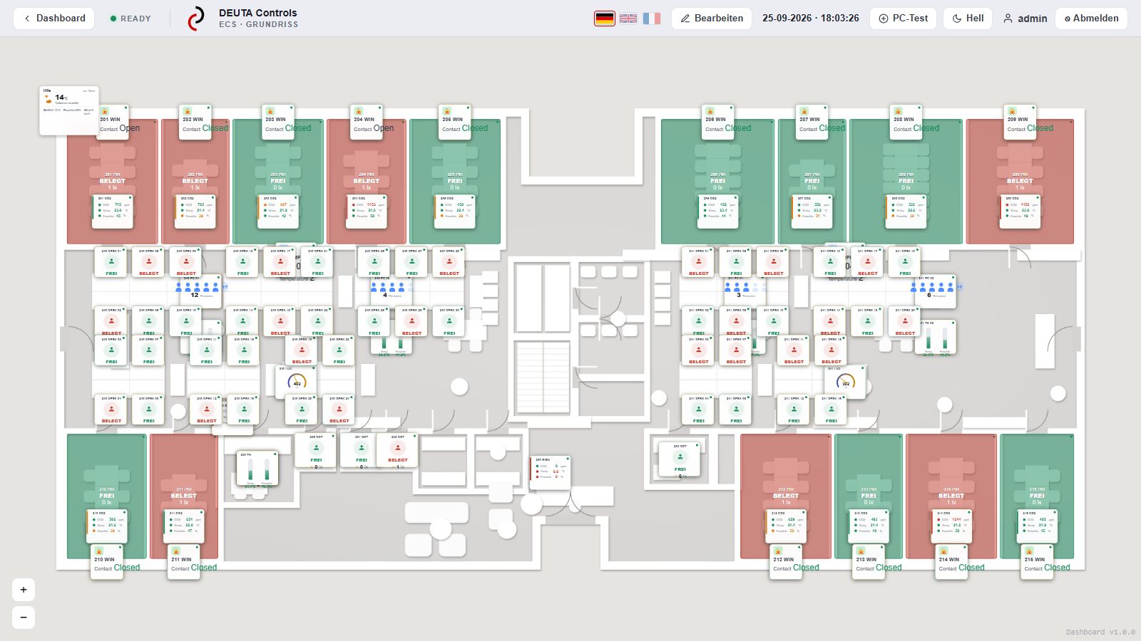 ECS Dashboard: Grundriss der Musteretage mit Raumbelegung, CO2-Kacheln und Tischsensoren