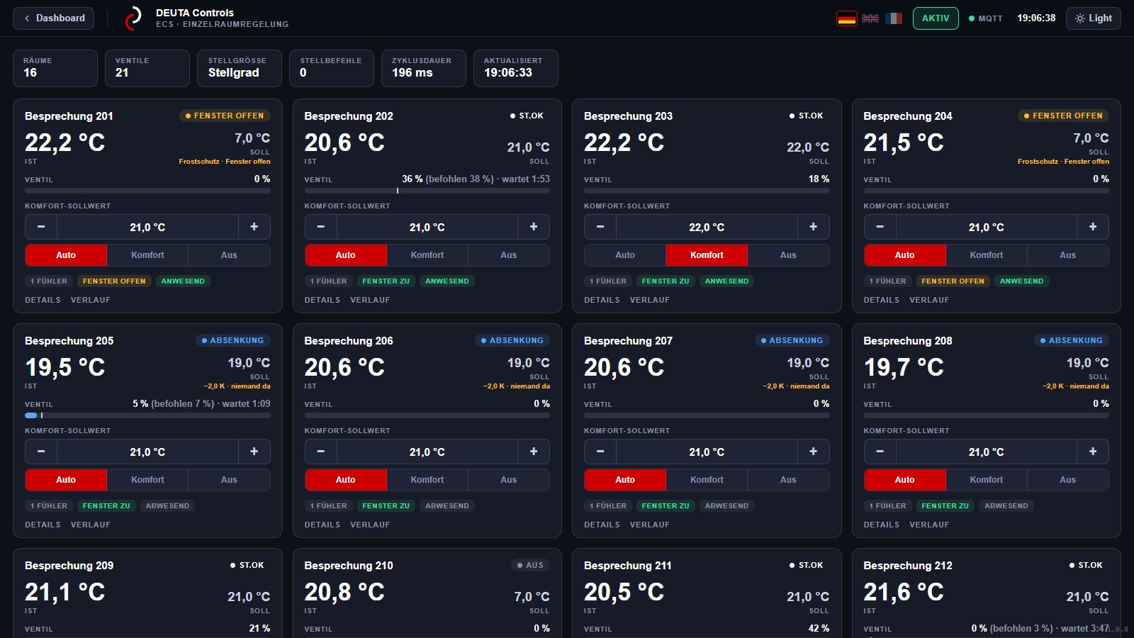 Room Control in the ECS Dashboard (dark theme) with actual temperature, setpoint, and operating mode